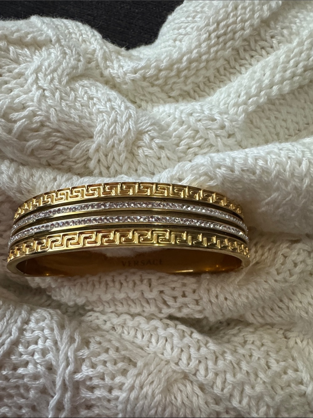Stainless steel Greek Key Bangle Bracelet with Crystal Accents